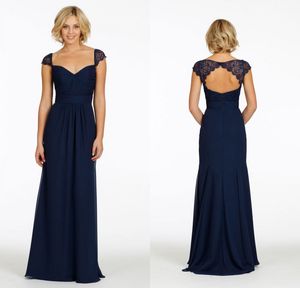 2021 Navy Blue Chiffon Long Bridesmaid Dresses Cheap Lace V Neck A line Floor Length Keyhole Back Prom Bridesmaid Dresses DL1313686