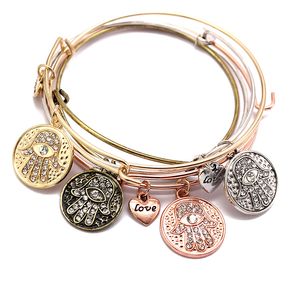 Draht Armreifen Vintage Bronze Farben Legierung Kristall Hand Charms Erweiterbarer Armreif Herz Anhänger Manschette Armband Großhandel Frauen Accessoires Geschenke