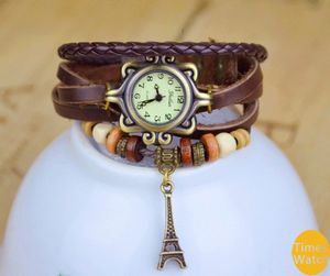 Gratis Shippig Partihandel Ny Ankomst Mode Vintage Retro Beaded Flätat Rope Armband Wrap Quartz Cow Leather Wrist Watch Kvinnor