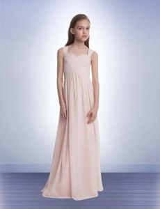 Junior Bridesmaid платья шифонового платья длинные длины спагетти ремни оборками плиссирует молнию обратно линия милая дешевая платье невесты