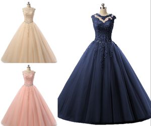 2023 Navy Champagne Vestidos De Quinceanera Dress Masquerade Ball Gowns With Short Sleeves Hollow Back Applique Beaded Prom Sweet 16 Dresses