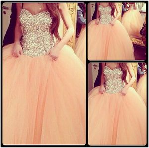 Gorgeous Sparkly Rhinestone Puffy Tulle Peach Balls Gowns Prom Dresses Bling Evening Party Gowns 2016 New Arrival