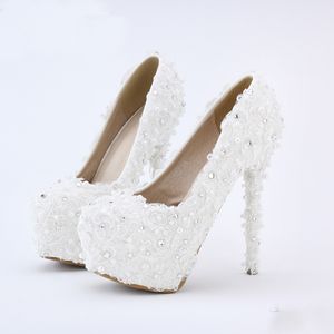 White Lace Bride Shoes Evenign Prom Bridal Dress Shoes 14cm High Heels Platform Bridesmaid Shoes Fashionable Pumps2597