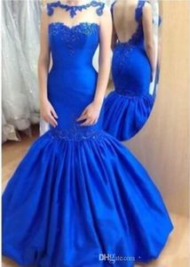Royal Blue Mermaid Evening Dresses High Quality Prom Gowns Sheer Bateau Neck Lace Appliques Broderi Trumpet Evening Gowns