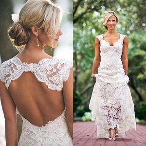 Vestidos de casamento de renda do vintage Sexy Open Back Vestidos de noiva Bohemian Cap Mangas Backless Garden Party Dress for Brides Plus Size