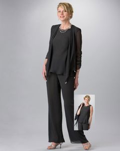 Schwarzer 2-teiliger Mutter-Braut-Hosenanzug für Damen, Abend-Hosenanzüge für die Mutter des Bräutigams mit Jacke, formelle Chiffon-Strandparty-Hochzeitskleidung