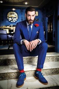 Ny ankomst - Ny design Haut One Button Peak Lapel Blue Groom Tuxedos Mäns Bröllop Prom Clothing Passits (Jacka + Byxor + Tie + Girdle) 265