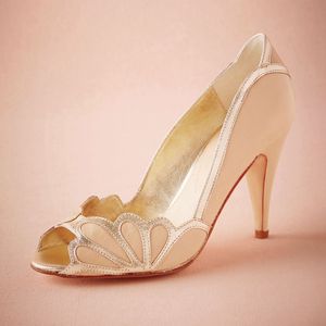 Blush Wedding Shoes Scallop Heel Peep Toe Bridal Sandal Pumps PU Leather 3 Kitten Heels Stilettos Blue Bridal Shoe Slip-on P2849