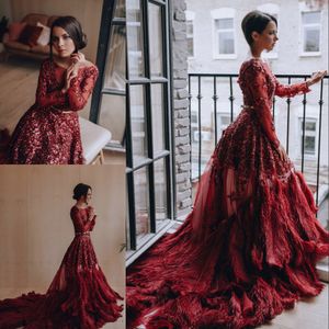 Gorgeous Red Rhinestones Evening Dresses Luxury Feather Sequin Beaded Long Sleeve Evening Gown Stunning Sexy Formal Dress Red Carpet Dress