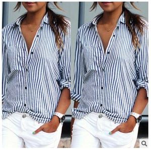 Blusas Femininas 2017 Vårkvinnor Blusar Mode Långärmad Lapel Striped Shirt Loose Casual Ol Arbetstoppar Plus Size XS-5XL