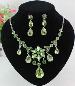 Silver Plated Austrian Green Rhinestone Crystal Necklace Earrings Jewelry Sets