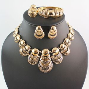 Fashion Women 18K Gold Plated Africa Dubai Wedding Party Multilayer Necklace Earrings Bracelet Ring Jewelry Set