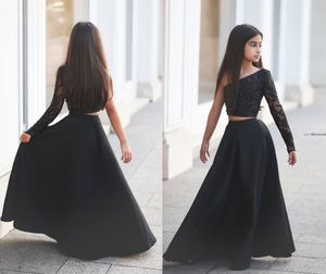 2015 Lace preto de um ombro de manga comprida meninas pageant Prom vestidos de festa duas peças até o chão meninas Formal Wear Custom Made