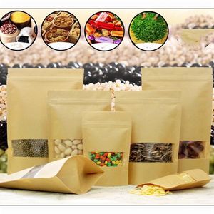 Högkvalitativ mat fuktsäkra påsar med klara fönsterväskor Brun Kraft Paper Pouch Zipper Förpackning för mellanmål