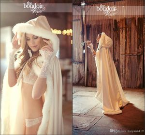 Tanie Hot Hooded Bridal Cape White Ivory Ślubni Płaszcze Faux Fur Dla Zima Wieczór Ślubna Ślubna Kurtka Okładka Długość Długość Piętra Dostosuj