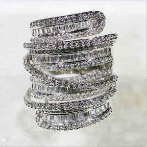 Impressionante choucong Único Desgin Jóias de Luxo Princesa Corte Topázio Branco CZ Diamante Bonito Ampla 925 Sterling Silver Mulheres Casamento Cool Ring Set