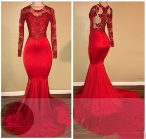 Vintage Sheer Långärmade Prom Klänningar Mermaid Appliqued Sequined African Black Girls Evening Gowns Red Carpet Dress