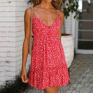 Women Summer Sundress Sexy Backless V-neck Beach Dresses Sleeveless Spaghetti Strap floral print Boho red mini Dress 210430