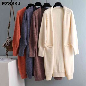 Lazy V-Neck Oversize Long Sweter Cardigans Kurtka Płaszcz Kobiety Gruby Sweter Korea Kardigan Outwear Top 210922