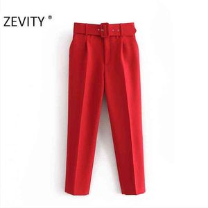 Kvinnor Candy Color Byxor Röd Rosa Chic Sashes Business Trousers Kvinna Fake Zipper Pantalones Mujer P953 211124