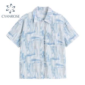 Office Ladies Casual Rok Camicette Top per Fashion Ladies Cardigan Retro Blue Tie Dye BF Loose Women's Blusas OL Harajuku Camicie 210417