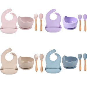 SUCTION Baby Bib+Bowl Spoon Fork Silikon Tabeller Border Barn Trähandtag Silikonsked Bowl Kids Silikon Matningsskålen