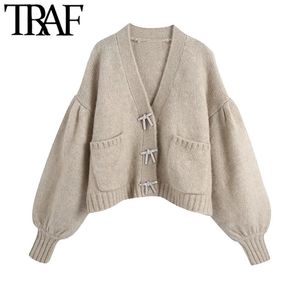 Trafik Kvinnor Mode med Rhinestone Knappar Stickad Cardigan Sweater Vintage Långärmad Lösa Kvinnor Ytterkläder Chic Toppar 210415