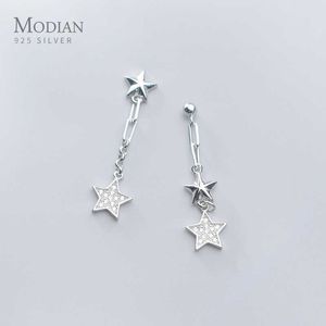 Moda Stars Asymetria Drop Kolczyk Dla Kobiet 925 Sterling Silver Długi Łańcuch Pentagram Dangle Fine Jewelry Prezent 210707