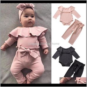 Sets Baby Kids Maternity Drop Delivery 2021 Baby Clothing Set Ruffled Rompers Long Sleeve Clothes Girls Elastic Waist Pants Candy Color 2 Pcs