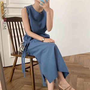 Casual Midi Dress Cotton Hemp Ärmlös Vest Belt Temperament Loose Fashion Summer Women's High Waist 210526