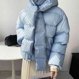 HXJJPの女性の厚いショートフード付きの特大パーカーフグジャケット冬の長袖ボタンポケット女性暖かいコート210923