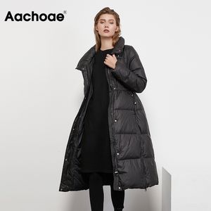 Aachoae Chic Kadınlar Uzun Aşağı Ceket Katı İpli Elastik Bel Ceket Kadın Kış Uzun Kollu Kalın Sıcak Giyim Mont 210413