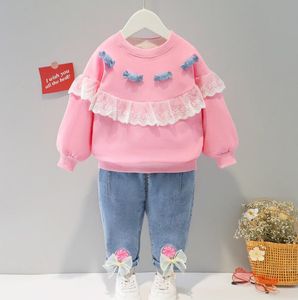 Bebé conjunto de roupas 0-4Y primavera outono de manga longa terno bonito doces lace top + jeans