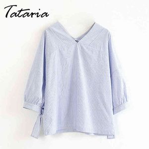 Chemise Femme Striped Shirt Sweet Summer Feminine Blouses V Neck Tops Loose Clothes Lace Up Women's Blue Tataria 1091 210514