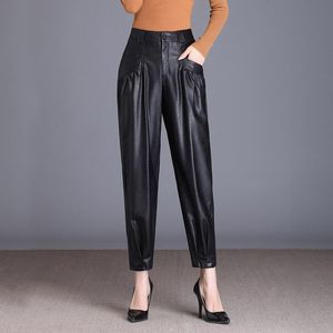 S-4XL Hosen Capris Harem Frauen Leder Streetwear Hohe Taille Winter Hose Plus Größe Hosen Vintage Schwarz 01E 210420