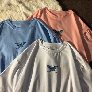 Blue Butterfly Pattern T-Shirts Women's O-Neck Hip Hop Tops Couple Quality Tee Tops Creativity Loose Pink T Shirts Female 210527