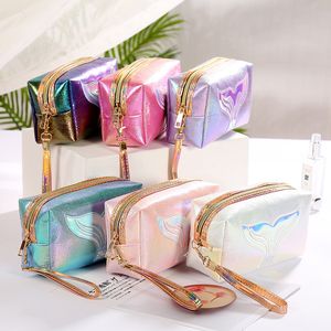 Colorful PU Women Cosmetic Storage Bag Fashion Laser Cartoon Fishtail Zipper Make Up Pouch Travel Portable Washable Bag Toiletry Organizer