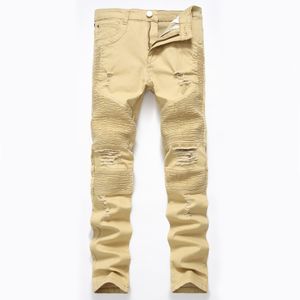 2024 Mode Neue Khaki Biker Jeans Plissee Design Mens Skinny Slim Stretch Denim Hosen Hip Hop Straße Zerstört Zerrissene Jean Lila