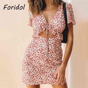 Foridol Backless Floral Print Summer Dress Lace Up Hollow Out Front Mini Sundress Beach Boho Dresses Vestidos Mujer 210415