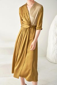 Casual Dresses Summer Silke Cheongsam Long Medium Sleeve Slim Stor Kvinnors Ress Ren Kjol