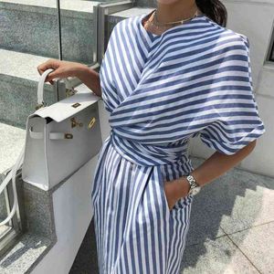 2021 Ramoscello e l'estate New Fashion Striped Cross Bandage Dress Cotton Blue Split Bodycon Plus Size New Robe Vestidos Femme Dress X0521