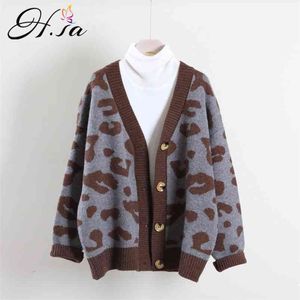 Kobiety Sweter Cardigans V Neck Button Up Knit Różowy Szary Leopard Dzianiny Miękka Kaszmirowa Kurtka 210430