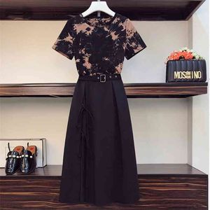 Verão Retro elegante 2 peça conjunto de manga curta T-shirt Top + Sexy Split Black Long Skirt Terno Casual L-4XL 210519