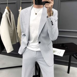 Striped Suit Men 2 Pcs Set Wedding Groom Tuxedos Suits Slim Fit Casual Business Costume Homme Blazer Pant Terno Masculino 210527