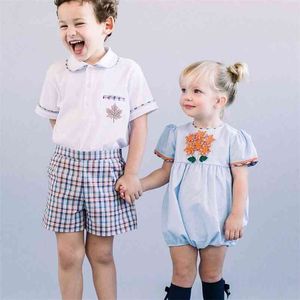 Baby spanska rompers för tjejer sommar barn boutique kläder född broderi jumpsuit bror syster matchande kläder set 210615