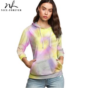 Bom para sempre o outono chique múltiplo colorido tie-tingido moletom com bolso casual mulheres soltas hoodies my004 210419