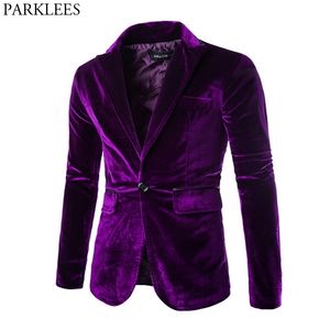 光沢のある紫色の1つのボタンベルベットのブレザージャケットの男性春スリムフィットクラブパーティーウェディングドレスブレザー男性ブレザーマスコリノ210522