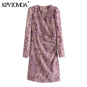 Kadın Chic Moda Leopar Baskı Draped Mini Elbise V Boyun Uzun Kollu Kadın Elbiseler Mujer 210420