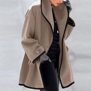 Casaco longo de inverno para mulheres solteiro botton hoodies bolsos recolher colarinho casual jaqueta feminina Khaki solta senhoras casacos 210820