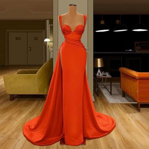 Satin Orange Evening Dresses for Women V Neck High Split Mermaid Prom Party Gowns Long Wrap Formal Robe De Soir e
